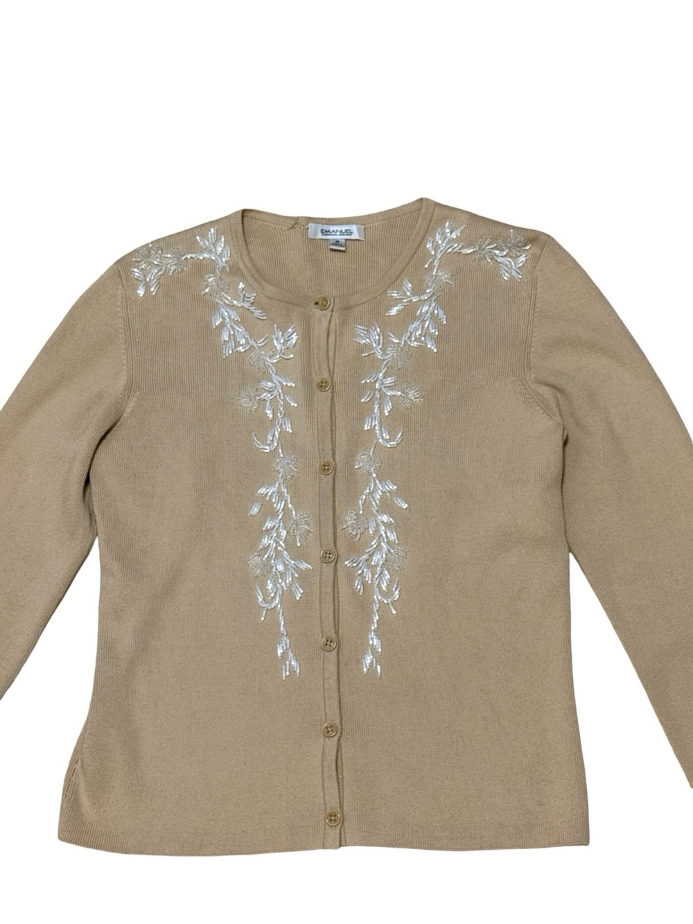 Emanuel Ungaro Beige Crewneck Cardigan with White beaded Embroidery M